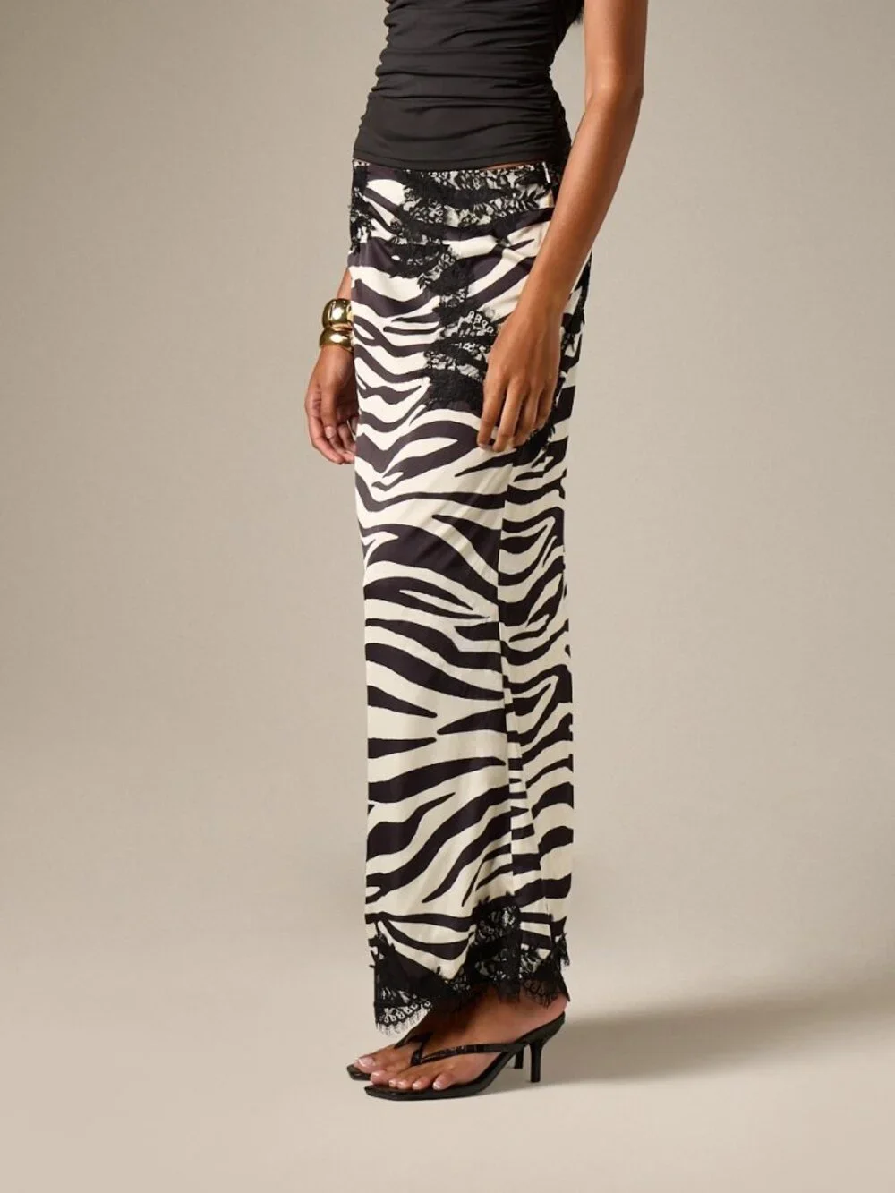Multicolor Elegant Women's Zebra Print Maxi Skirt With Lace Trim
